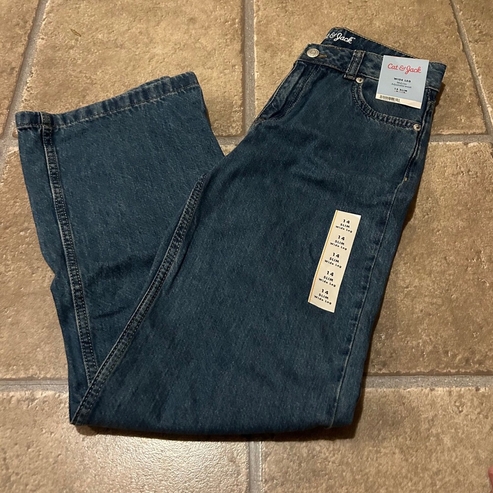 Cat & Jack Girls Wide Leg Jeans Mid Rise Adjustable Waist Blue Denim 14 Slim NWT